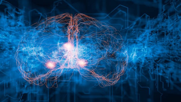 Ilustrasi otak manusia dengan neuron dan jalur energi yang aktif, menunjukkan kompleksitas dan daya kerja otak.